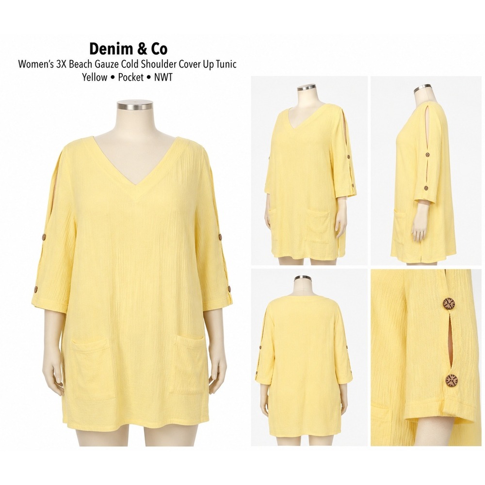 Denim & Co Womens 3X Yellow Beach Gauze Cold Shoulder Cover Up Tunic NWT
